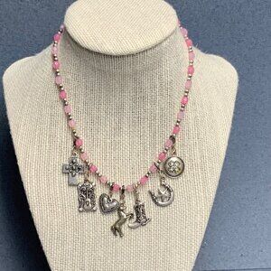 Western Bracelet Choker Necklace 14 In As Is Pink 7 Charms Cross Horse Boot BoHo